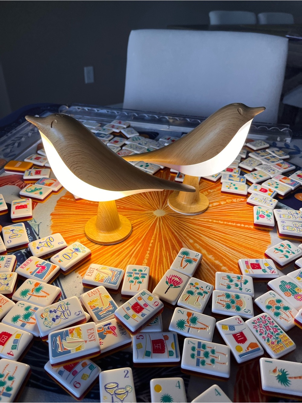 Set of Two Mahjong Table Bird Lamps Lights Cordless Rechargeable, 3 Settings
